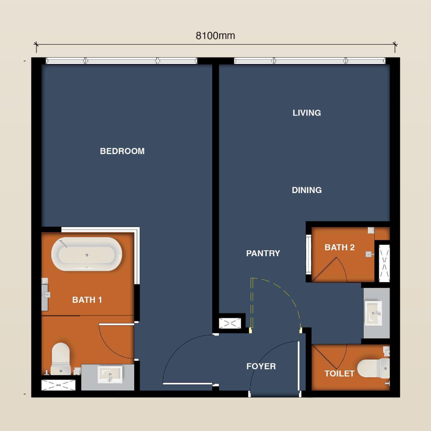 Type C(M) floor plan at Maba Suitez — Serviced apartment, 1R 2B, 657 sq.ft. (61 sq.m.), Dual key layout