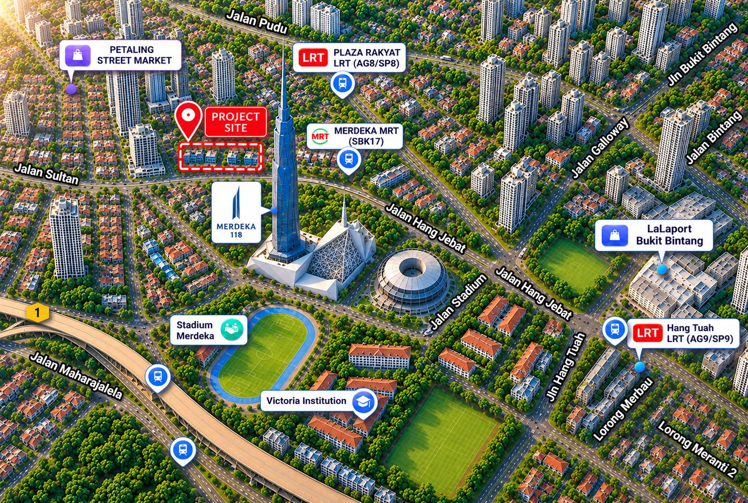 Location plan showing the Maba Suitez project site on Jalan Hang Jebat opposite Merdeka 118, with Merdeka MRT, Plaza Rakyat LRT, Hang Tuah LRT, Stadium Merdeka, Petaling Street Market and LaLaport Bukit Bintang
